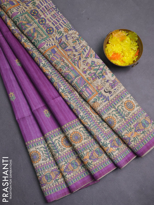 Semi tussar saree purple and beige with butta prints and madhubani printed pallu & border