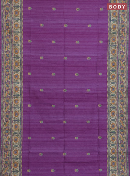 Semi tussar saree purple and beige with butta prints and madhubani printed pallu & border