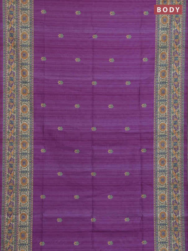 Semi tussar saree purple and beige with butta prints and madhubani printed pallu & border