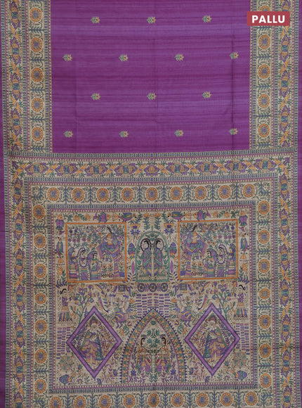 Semi tussar saree purple and beige with butta prints and madhubani printed pallu & border