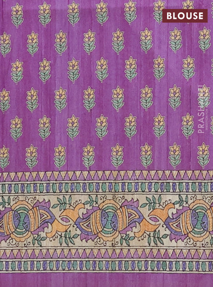 Semi tussar saree purple and beige with butta prints and madhubani printed pallu & border