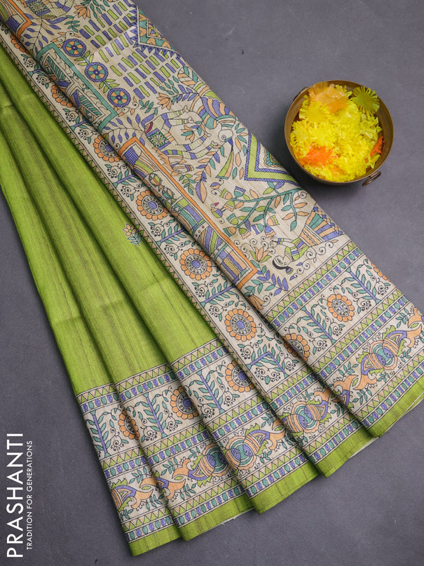 Semi tussar saree lime green and beige with butta prints and madhubani printed pallu & border