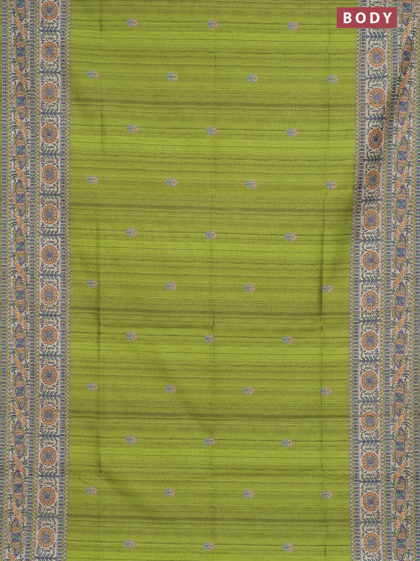 Semi tussar saree lime green and beige with butta prints and madhubani printed pallu & border