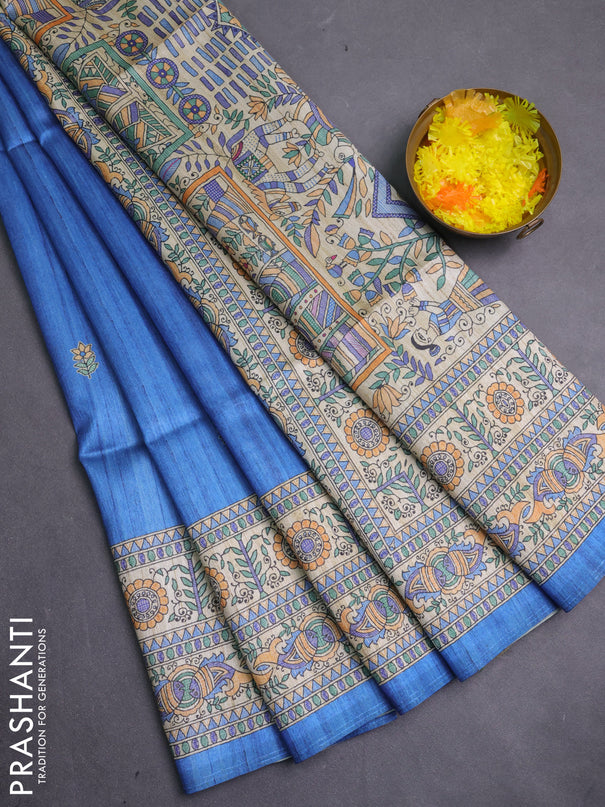 Semi tussar saree blue and beige with butta prints and madhubani printed pallu & border
