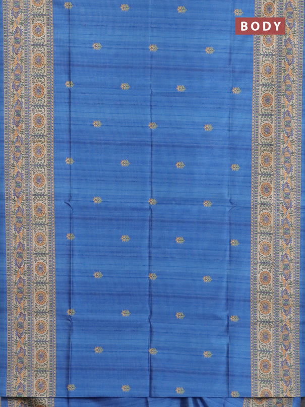 Semi tussar saree blue and beige with butta prints and madhubani printed pallu & border