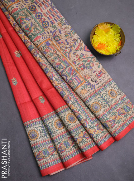 Semi tussar saree red and beige with butta prints and madhubani printed pallu & border