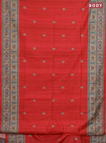 Semi tussar saree red and beige with butta prints and madhubani printed pallu & border