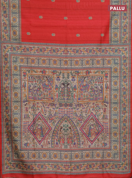 Semi tussar saree red and beige with butta prints and madhubani printed pallu & border