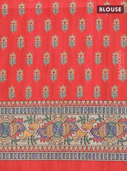 Semi tussar saree red and beige with butta prints and madhubani printed pallu & border