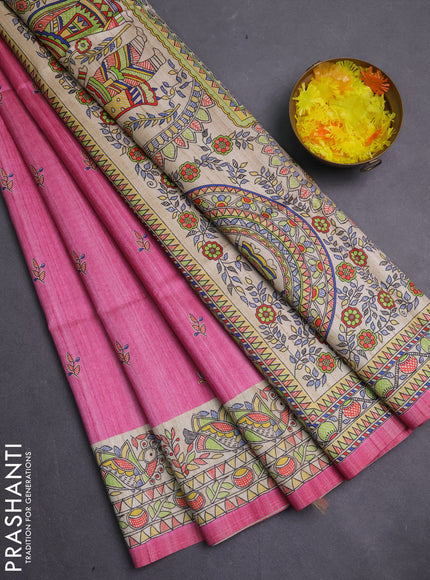 Semi tussar saree pink and beige with allover butta prints and madhubani printed pallu & border
