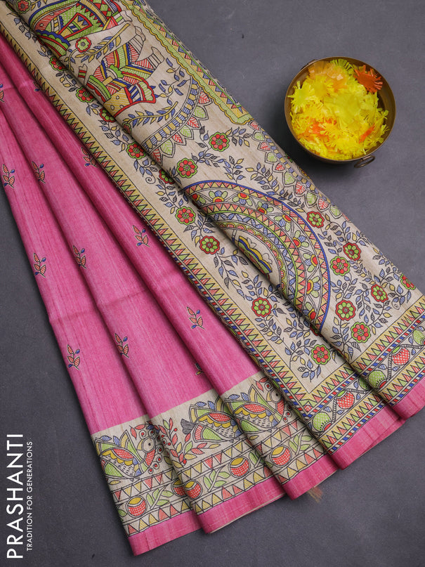 Semi tussar saree pink and beige with allover butta prints and madhubani printed pallu & border
