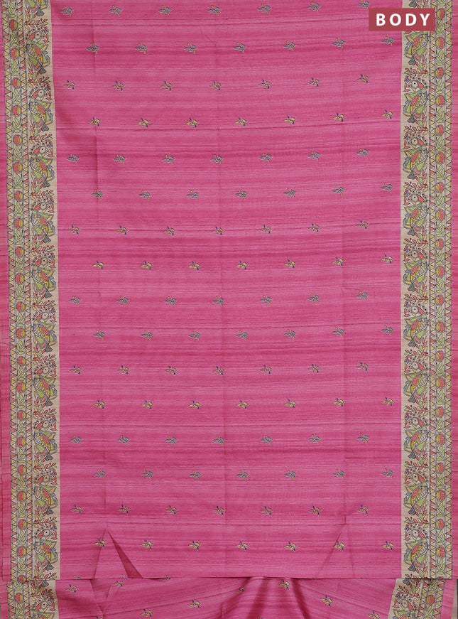 Semi tussar saree pink and beige with allover butta prints and madhubani printed pallu & border