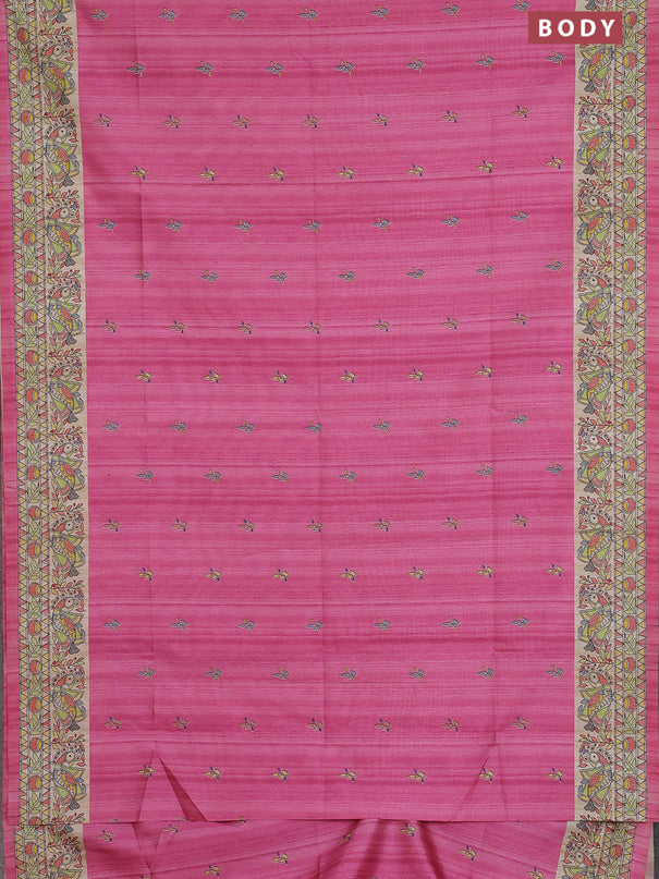 Semi tussar saree pink and beige with allover butta prints and madhubani printed pallu & border