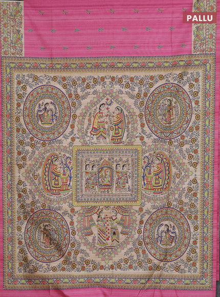 Semi tussar saree pink and beige with allover butta prints and madhubani printed pallu & border