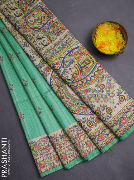 Semi tussar saree green and beige with allover butta prints and madhubani printed pallu & border