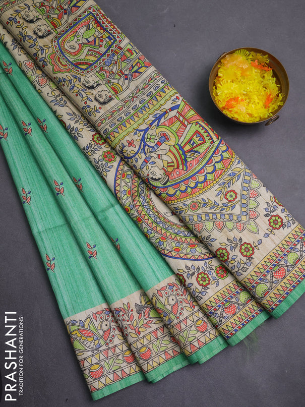 Semi tussar saree green and beige with allover butta prints and madhubani printed pallu & border
