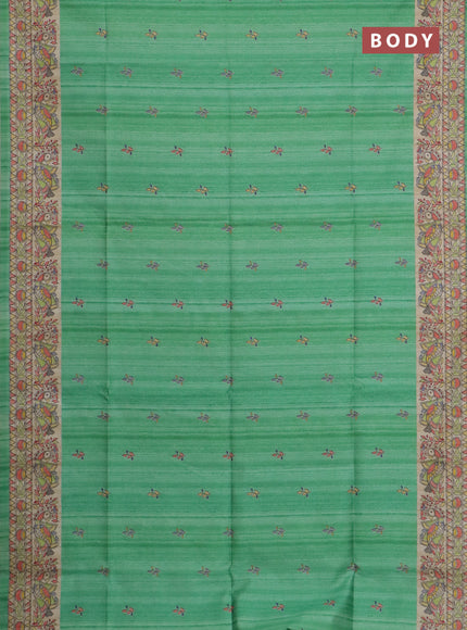Semi tussar saree green and beige with allover butta prints and madhubani printed pallu & border