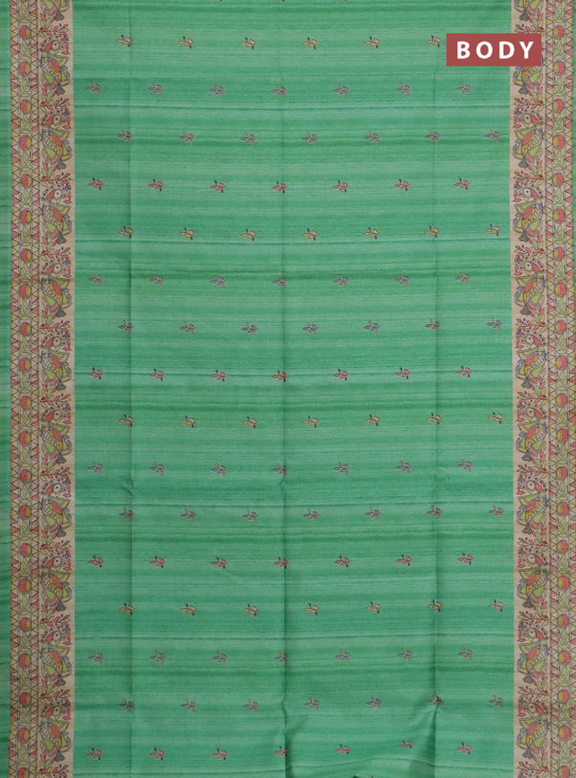 Semi tussar saree green and beige with allover butta prints and madhubani printed pallu & border