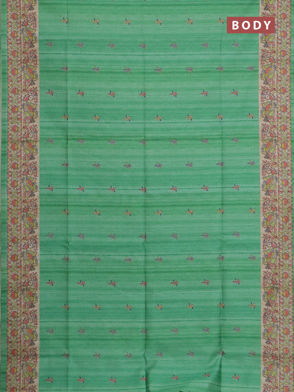Semi tussar saree green and beige with allover butta prints and madhubani printed pallu & border