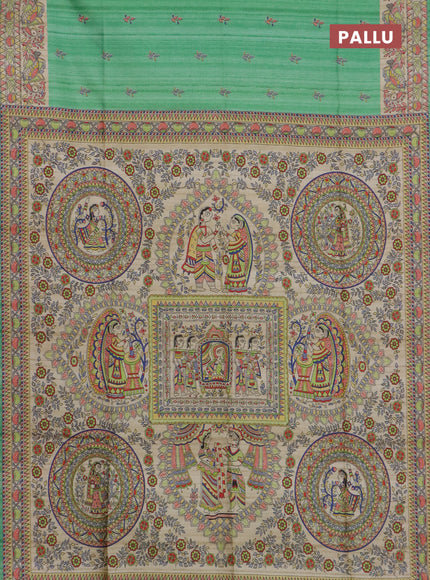 Semi tussar saree green and beige with allover butta prints and madhubani printed pallu & border
