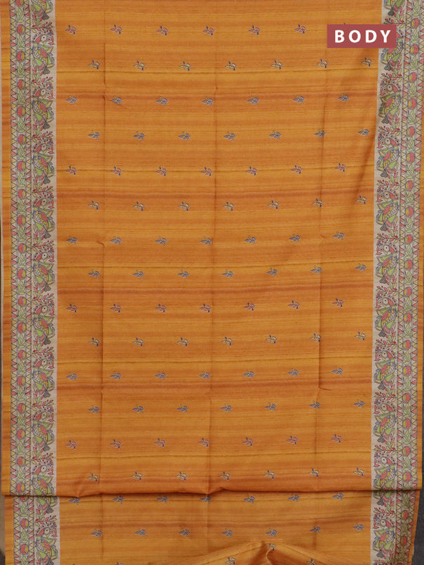 Semi tussar saree mustard yellow and beige with allover butta prints and madhubani printed pallu & border