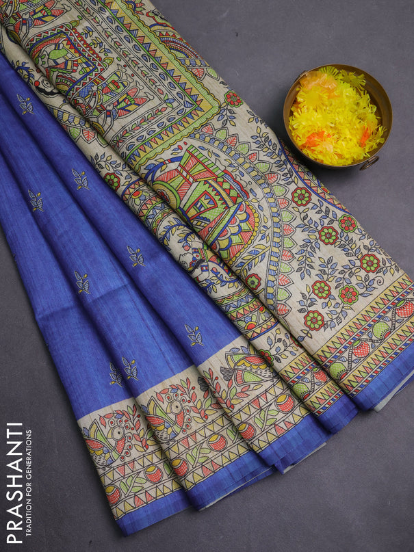 Semi tussar saree blue and beige with allover butta prints and madhubani printed pallu & border