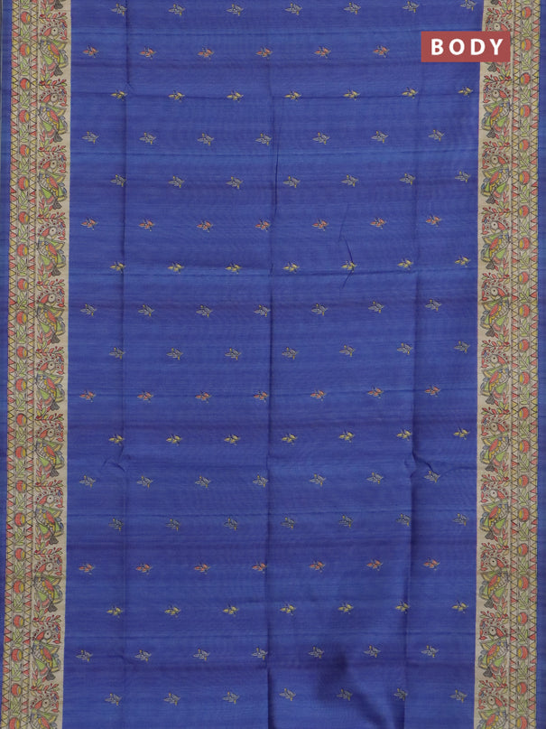 Semi tussar saree blue and beige with allover butta prints and madhubani printed pallu & border