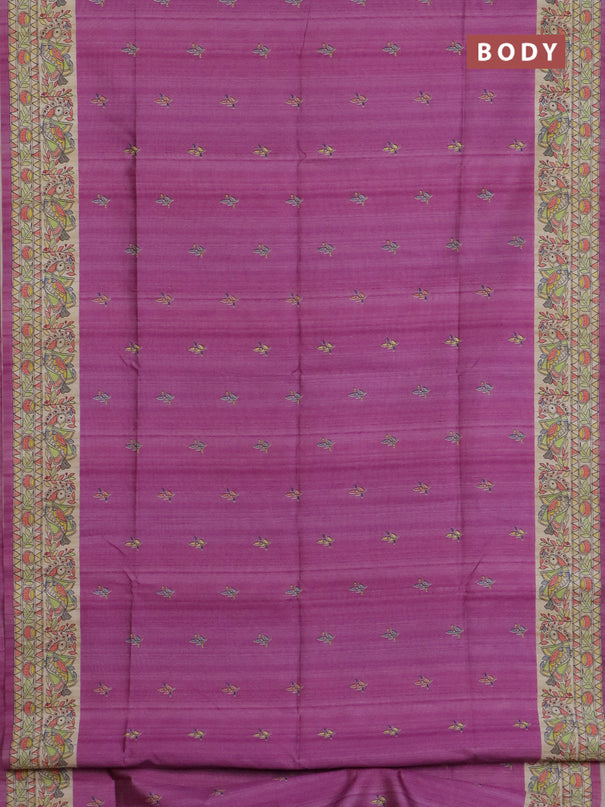 Semi tussar saree purple and beige with allover butta prints and madhubani printed pallu & border