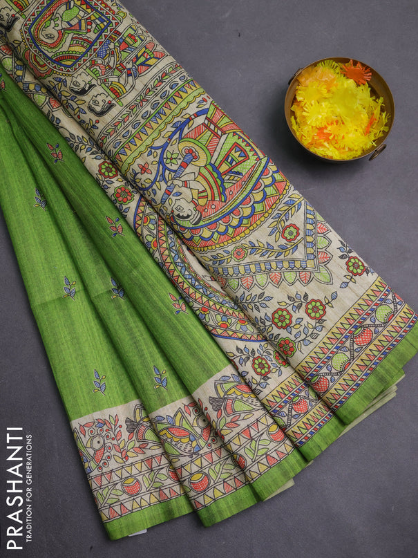 Semi tussar saree light green and beige with allover butta prints and madhubani printed pallu & border