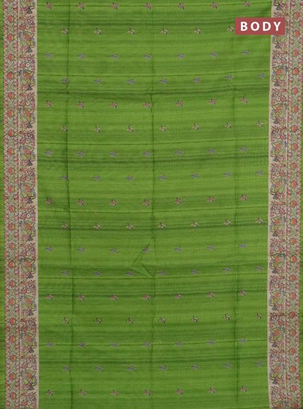 Semi tussar saree light green and beige with allover butta prints and madhubani printed pallu & border