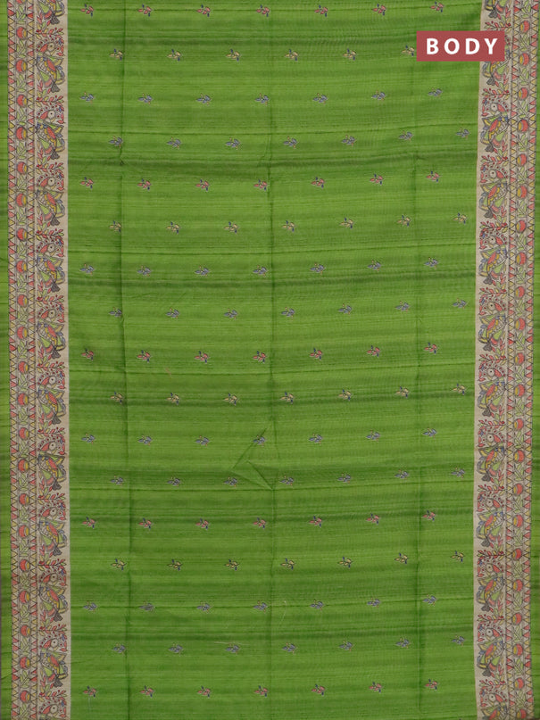 Semi tussar saree light green and beige with allover butta prints and madhubani printed pallu & border