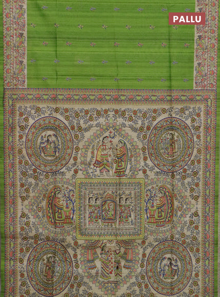 Semi tussar saree light green and beige with allover butta prints and madhubani printed pallu & border