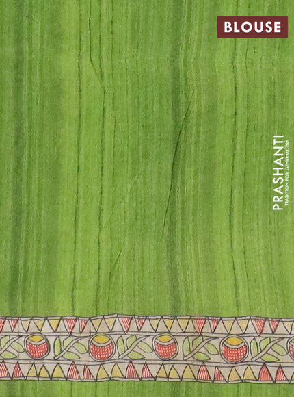 Semi tussar saree light green and beige with allover butta prints and madhubani printed pallu & border