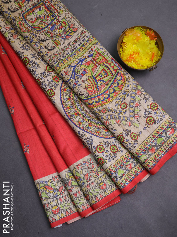 Semi tussar saree red and beige with allover butta prints and madhubani printed pallu & border