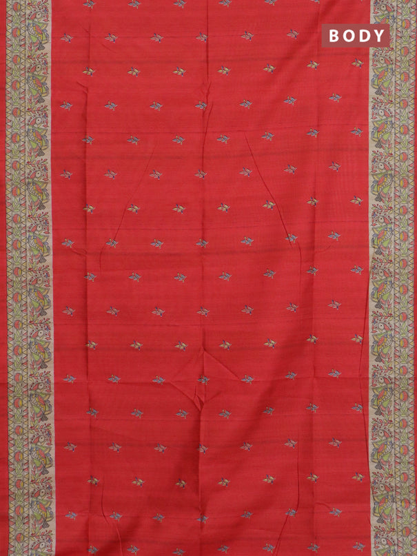 Semi tussar saree red and beige with allover butta prints and madhubani printed pallu & border