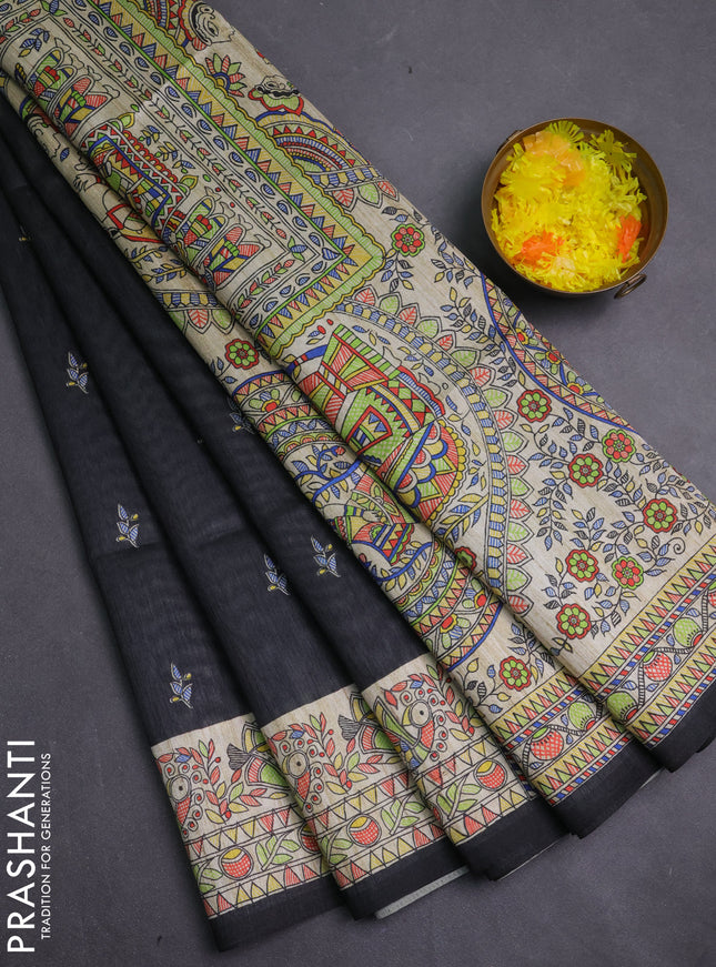Semi tussar saree black and beige with allover butta prints and madhubani printed pallu & border
