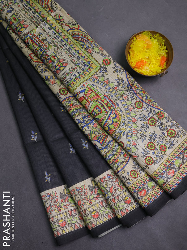 Semi tussar saree black and beige with allover butta prints and madhubani printed pallu & border