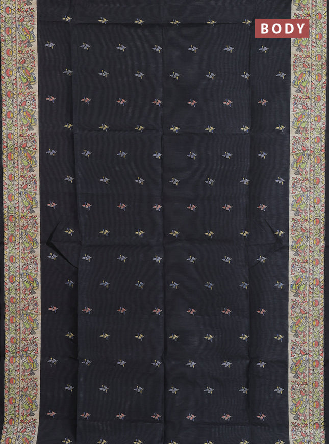 Semi tussar saree black and beige with allover butta prints and madhubani printed pallu & border