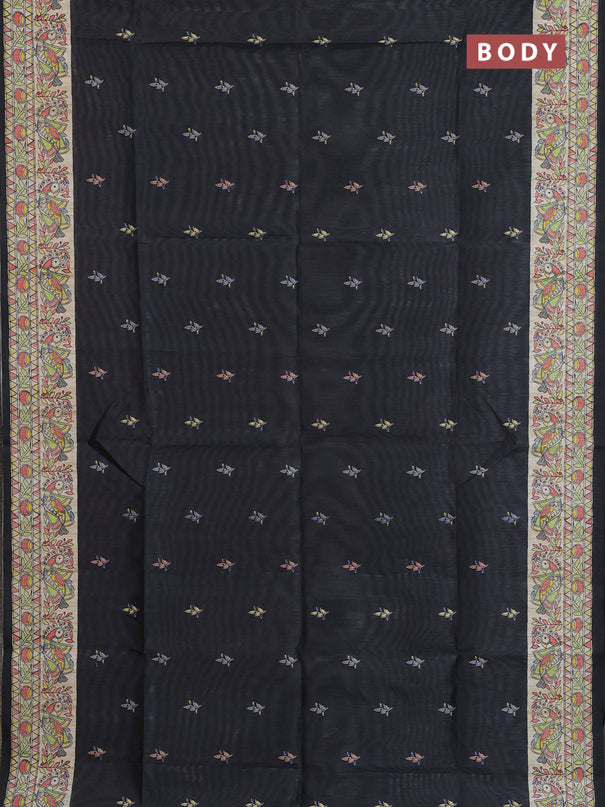 Semi tussar saree black and beige with allover butta prints and madhubani printed pallu & border