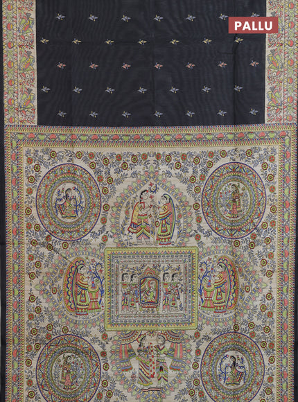 Semi tussar saree black and beige with allover butta prints and madhubani printed pallu & border