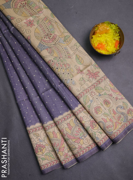 Semi tussar saree grey and beige with allover butta prints and madhubani printed pallu & border