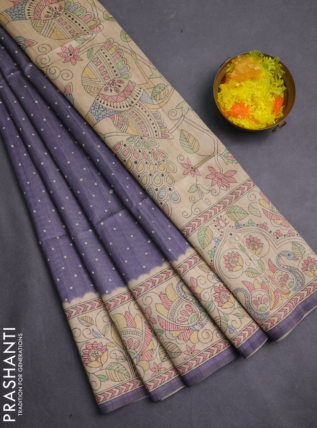 Semi tussar saree grey and beige with allover butta prints and madhubani printed pallu & border