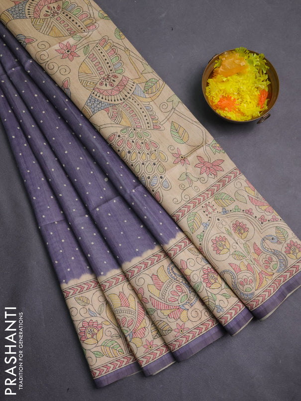 Semi tussar saree grey and beige with allover butta prints and madhubani printed pallu & border