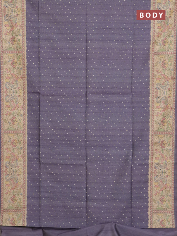 Semi tussar saree grey and beige with allover butta prints and madhubani printed pallu & border