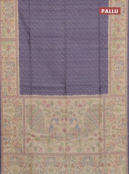 Semi tussar saree grey and beige with allover butta prints and madhubani printed pallu & border