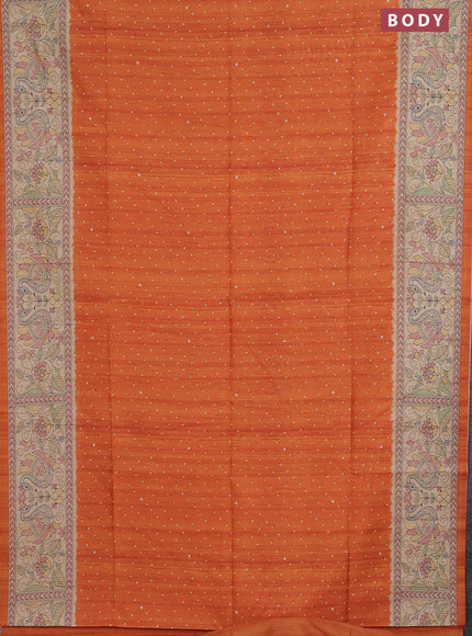 Semi tussar saree orange and beige with allover butta prints and madhubani printed pallu & border