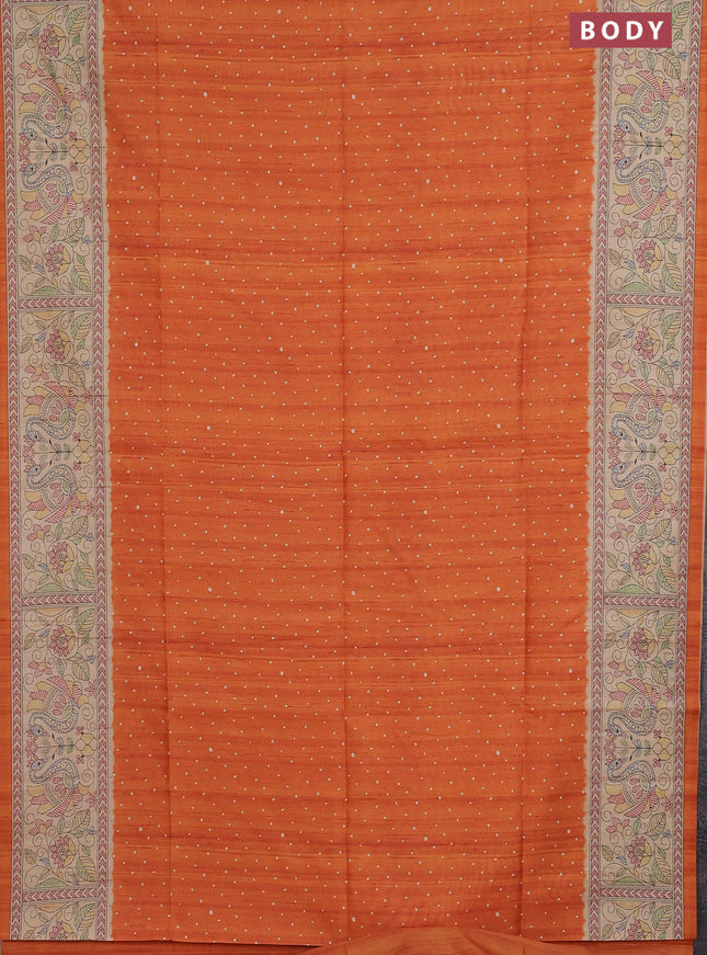 Semi tussar saree orange and beige with allover butta prints and madhubani printed pallu & border