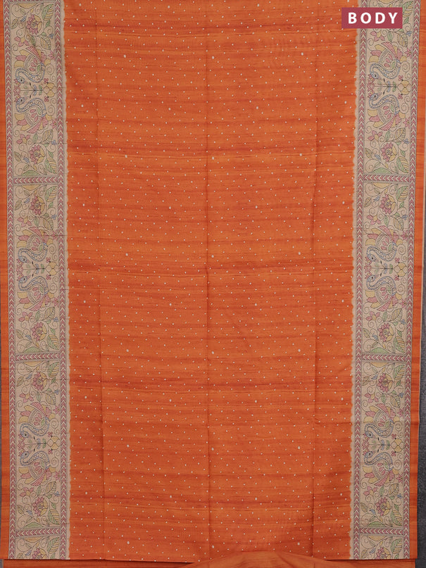 Semi tussar saree orange and beige with allover butta prints and madhubani printed pallu & border