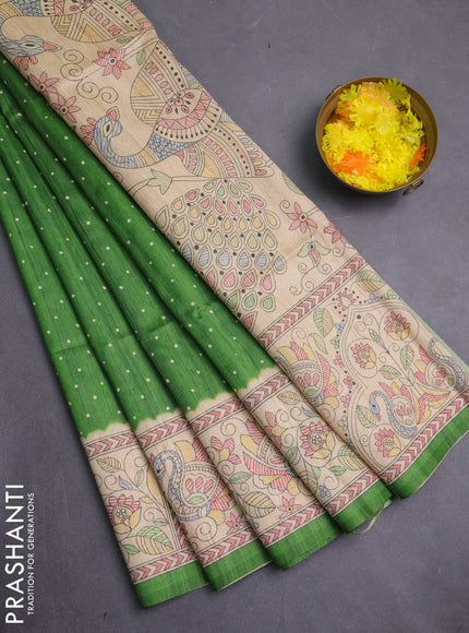 Semi tussar saree green and beige with allover butta prints and madhubani printed pallu & border