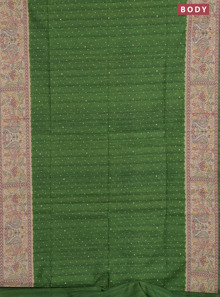 Semi tussar saree green and beige with allover butta prints and madhubani printed pallu & border